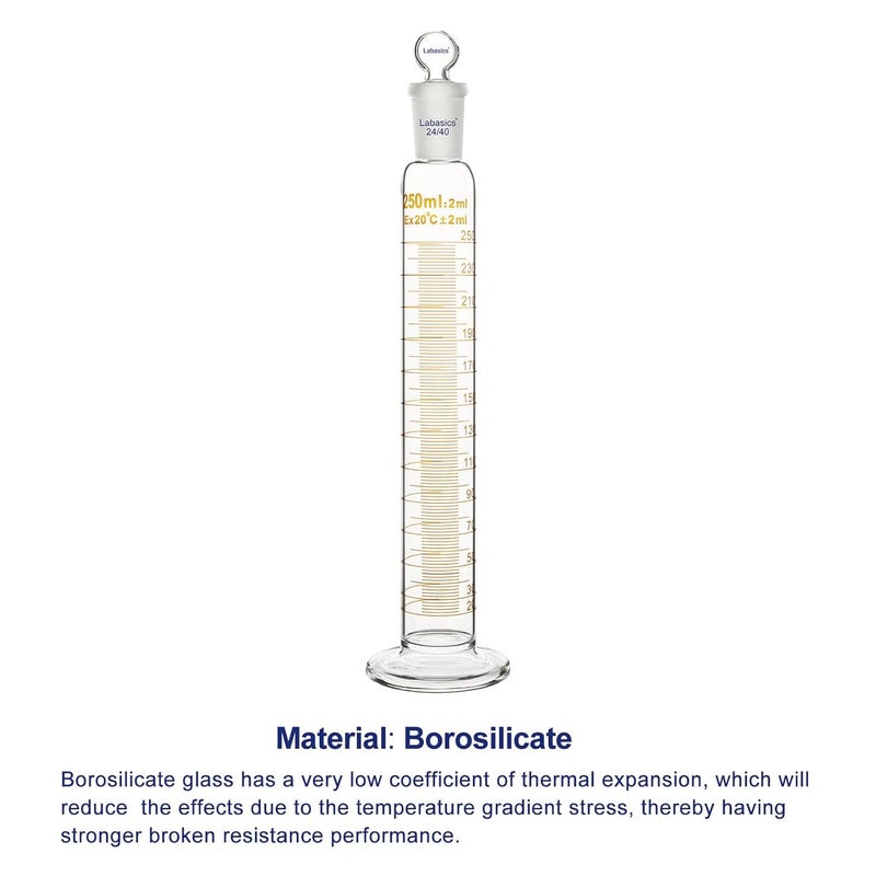 Labasics Graduated Cylinder with Stopper, 250 ml Borosilicate Glass Measuring Cylinder with 24/40 Standard Ground Joint Stopper, Durable Laboratory Glassware for Accurate Liquid Measurement - Image 3